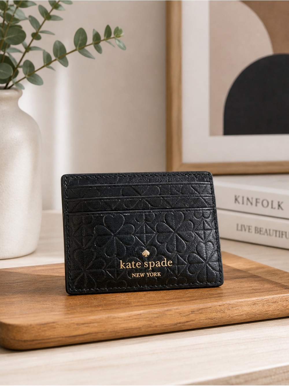 kate spade Black Floral-Embossed Leather Card Holder